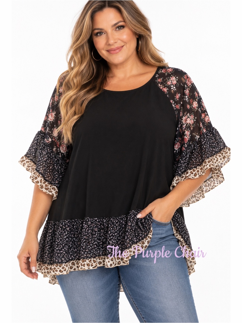NWOT Mixed Prints Patchwork Ruffle Flutter Sleeve Top XXL